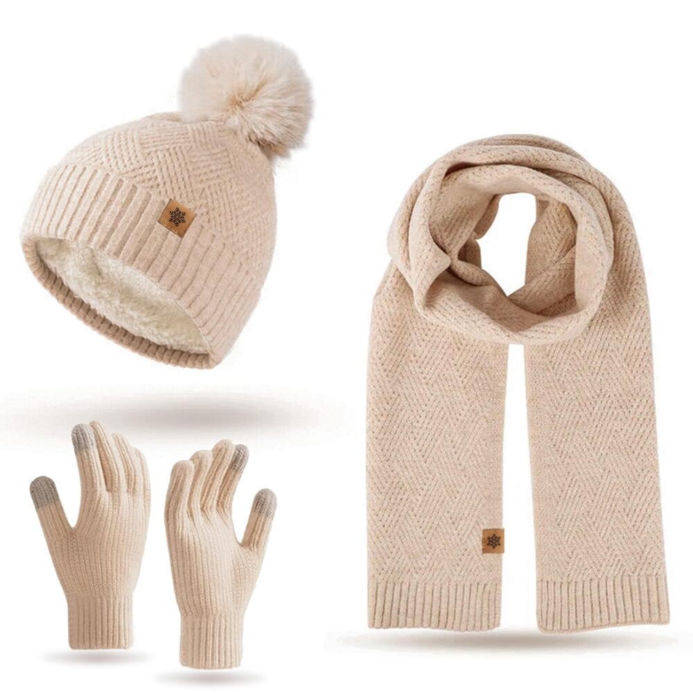 8005 Winter Beige Beanie Hat Scarf Gloves - 3 Peices Warm Fleece Lined Knit